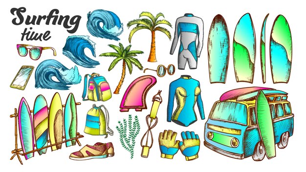 Surfing time collection elements color set Premium Vector