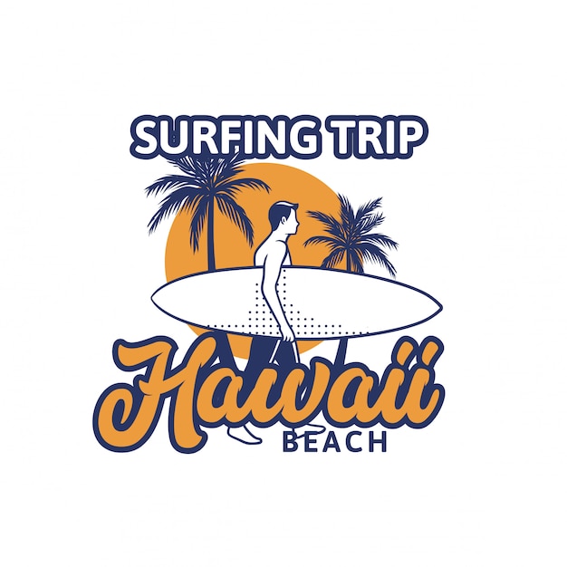 ビンテージスタイルのサーフィン旅行ハワイビーチイラスト プレミアムベクター
