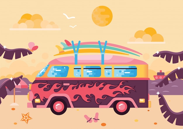 Surfing Van Flat Illustration On The Beach. 