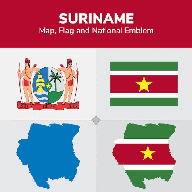 Suriname map, flag and national emblem | Premium Vector