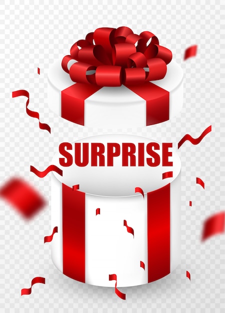 Surprise empty open gift box wrapped in red ribbon and a