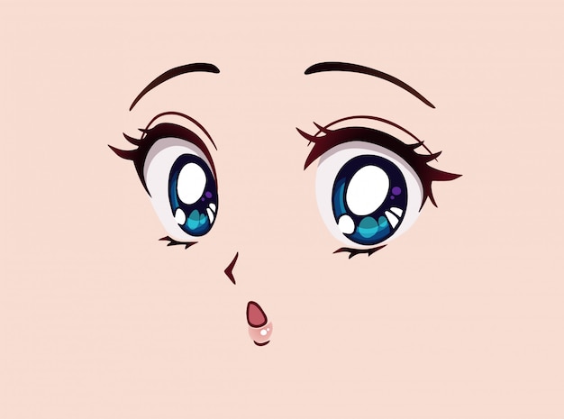 驚いたアニメ顔 マンガ風の大きな青い目 小さな鼻 かわいい口 手描き漫画イラスト プレミアムベクター