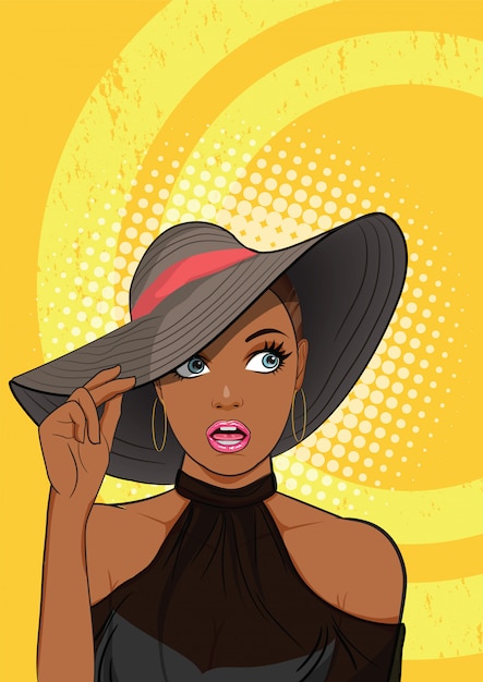 Surprised black woman with hat looking somthing Vector | Premium Download