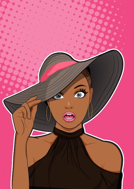 Download Surprised black woman with hat looking | Premium Vector