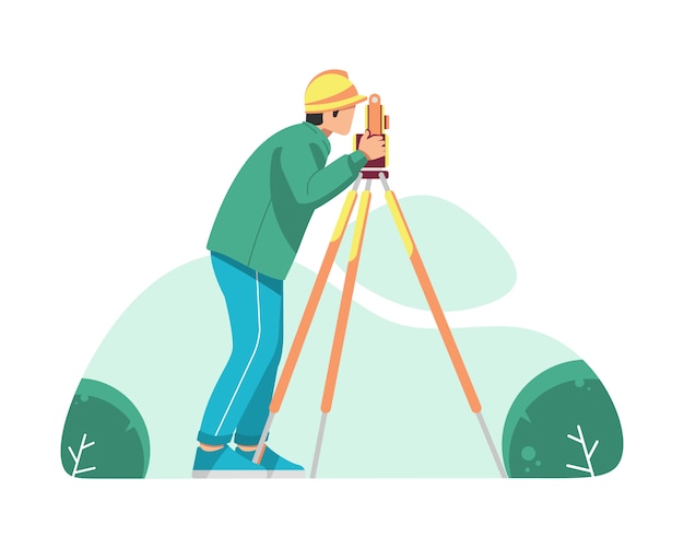 A surveyor is operating the optical level Premium Vector