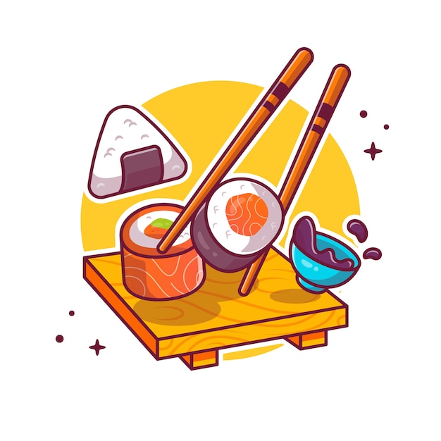 寿司とおにぎりに箸の漫画アイコンイラスト 分離された日本食のアイコンのコンセプト フラット漫画のスタイル プレミアムベクター