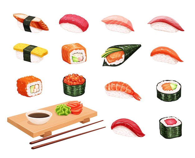 寿司とロール シーフードショップの日本食イラスト プレミアムベクター