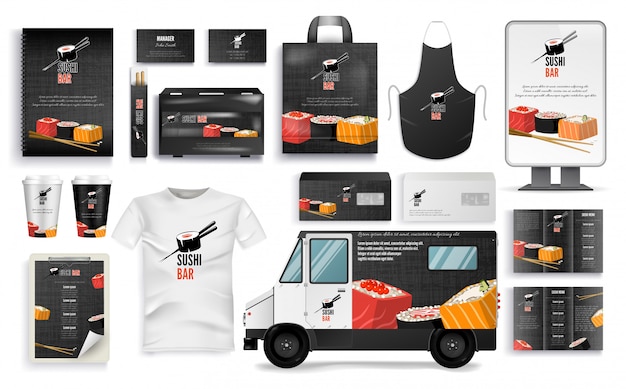 Sushi bar branding set with cafe menu, accessories Premium Vector