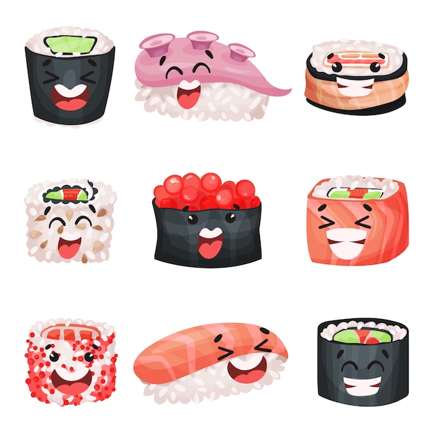 寿司の漫画のキャラクターセット 変な顔のイラストの日本食 プレミアムベクター