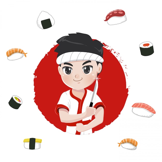 日本食レストランの寿司職人キャラクター プレミアムベクター