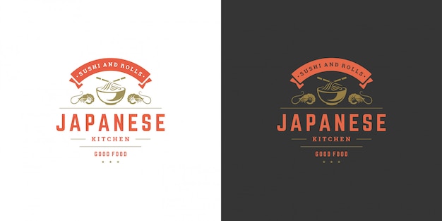 寿司のロゴとバッジの和食レストラン ラーメンヌードルスープアジアンキッチンシルエット プレミアムベクター