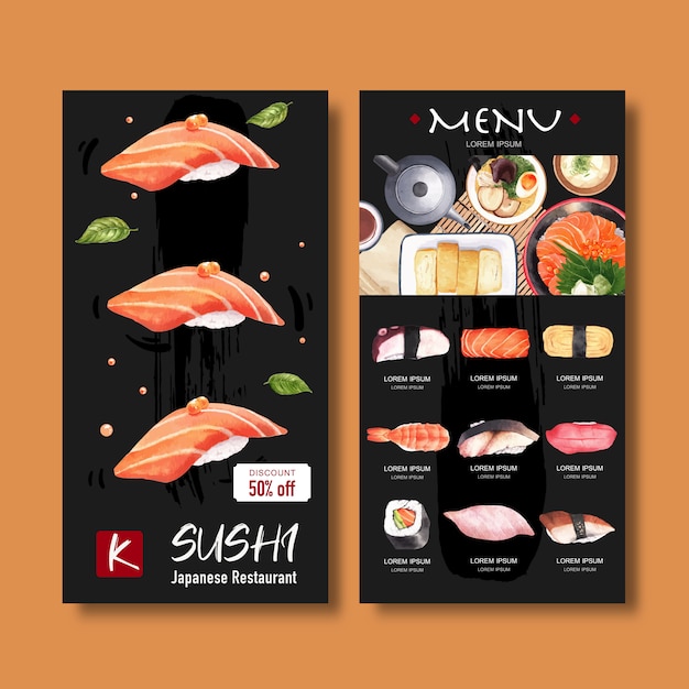 レストランの寿司メニューのコレクション 食品の水彩イラストのテンプレート 無料のベクター