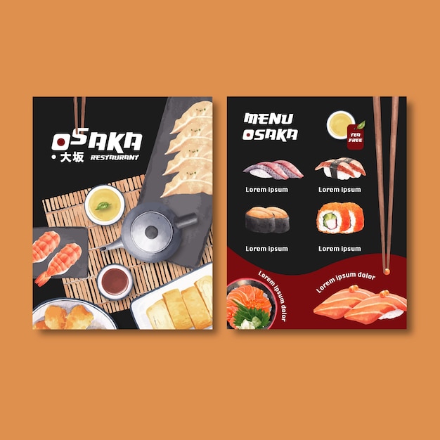 Free Vector Sushi Menu Collection For Restaurant Template With Food Watercolor Illustrations