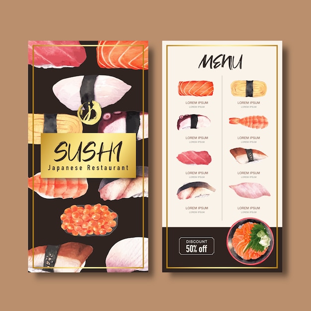 Free Vector Sushi Menu Collection For Restaurant Template With Food Watercolor Illustrations