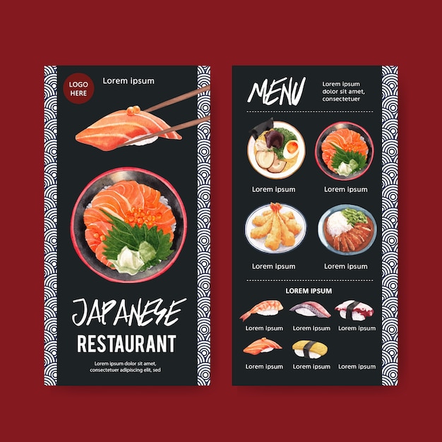 Free Vector Sushi Menu Collection For Restaurant Template With Food Watercolor Illustrations