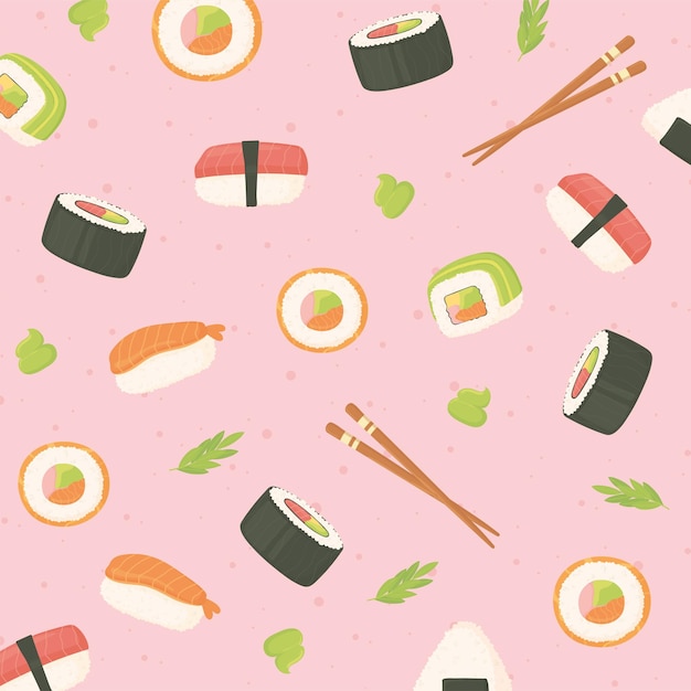 寿司シーフードロール箸日本の食文化背景イラスト プレミアムベクター