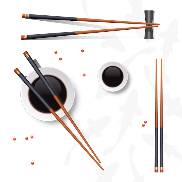 Sushi set. chopsticks and soy sauce isolated on white Premium Vector