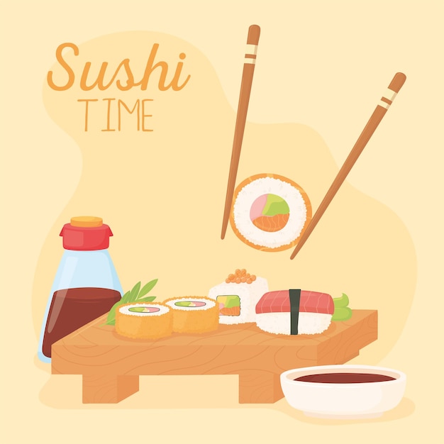 寿司の時間 ロールソース醤油とさまざまなロールのイラストと箸 プレミアムベクター