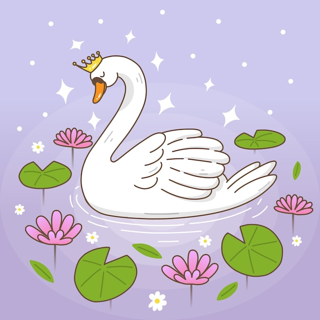 Free Vector | Swan cartoon princess on a lake with water lilies