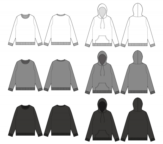 Sweatshirt hoodie tee fashion flat technical drawing template | Premium ...