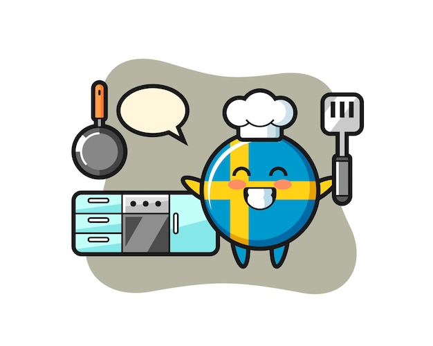 シェフが料理しているスウェーデンの旗バッジのキャラクターイラスト Tシャツ ステッカー ロゴ要素のかわいいスタイルのデザイン プレミアムベクター