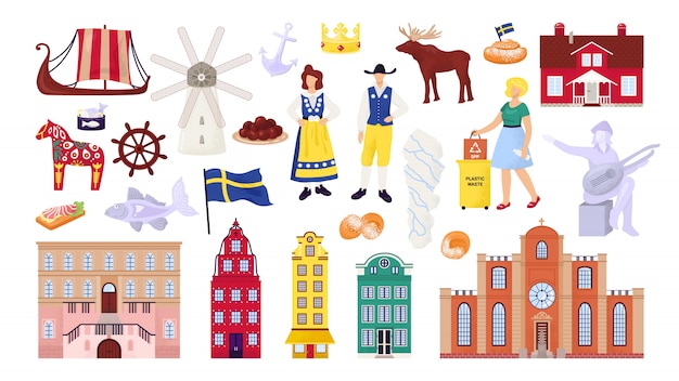 ストックホルム市の建物 観光 ランドマークをスウェーデンのシンボルセット スウェーデン人のイラスト スカンジナビアの文化 北欧の船 地図と旗 旅行のお土産 プレミアムベクター