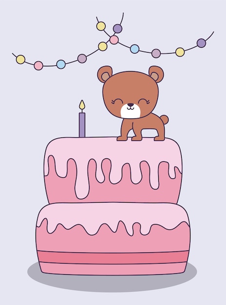 Premium Vector | Sweet cake with cute bear and garlands hanging