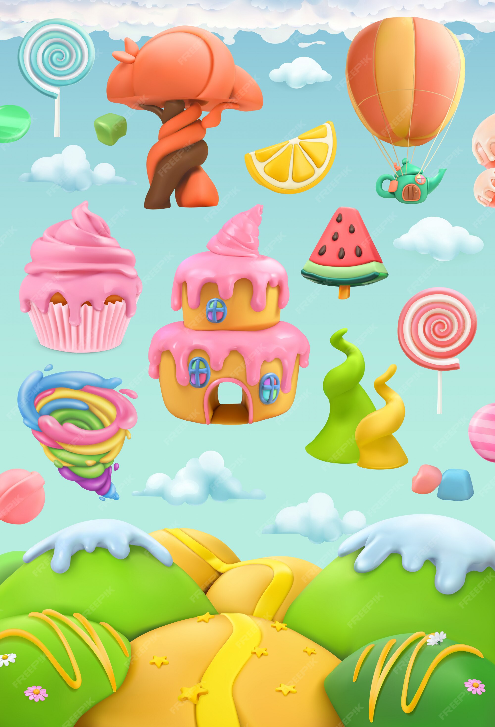 Premium Vector | Sweet candy land, 3d vector objects set. plasticine ...