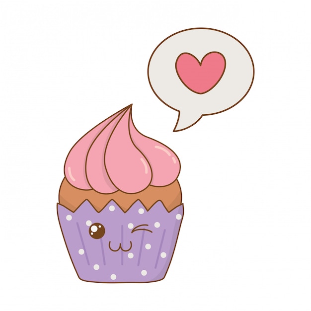 プレミアムベクター スピーチの泡ハートかわいいキャラクターと甘いカップケーキ