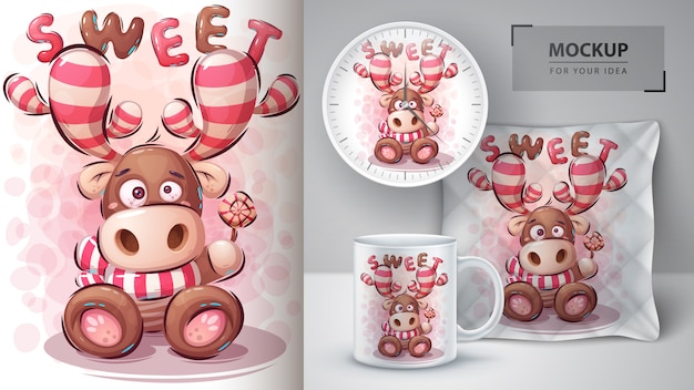 Sweet deer illustration and merchandising. Premium Vector