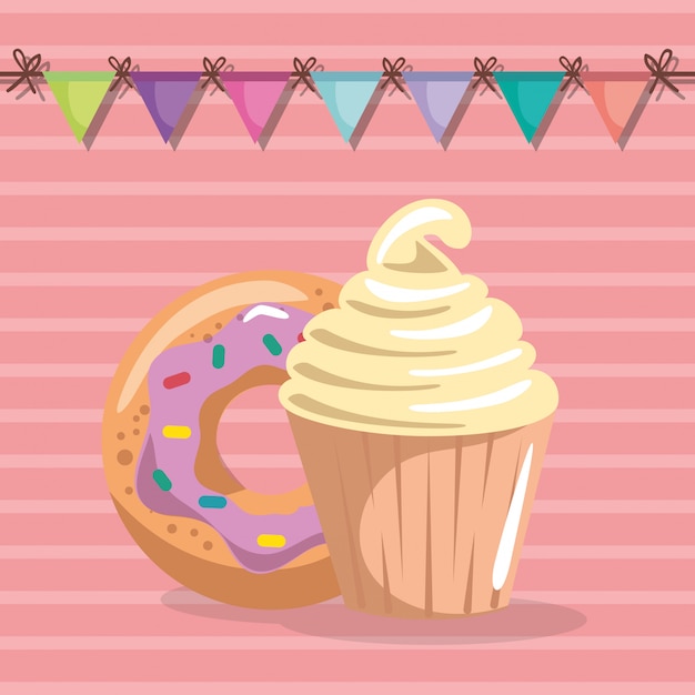 Download Sweet and delicious cupcake with donut birthday card Vector | Free Download