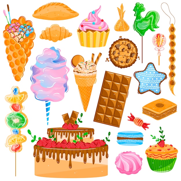 甘いデザートペストリーイラストセット チョコレートクリームやカップケーキの漫画コレクションケーキ 焼きたてのクッキー マカロン プレミアムベクター