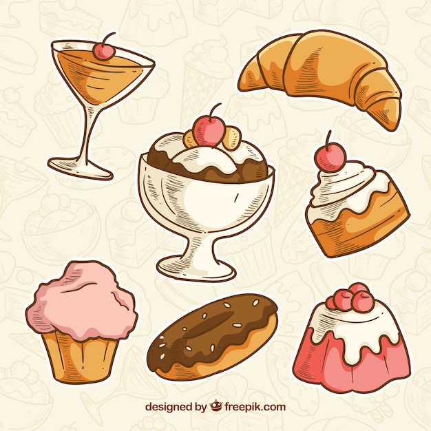 Sweet Desserts Collection In Hand Drawn Style Free Vector