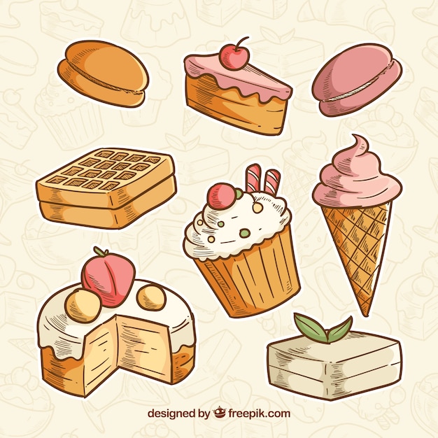 Sweet desserts collection in hand drawn style | Free Vector