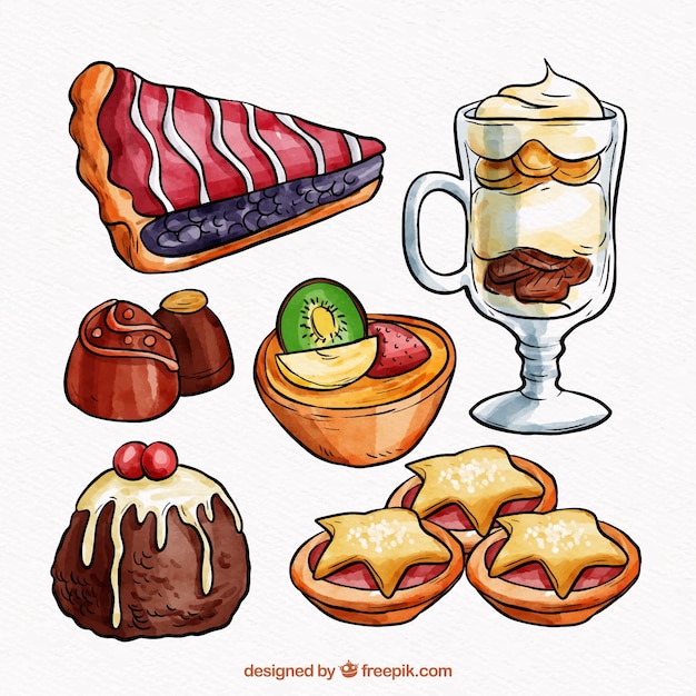 Sweet desserts collection in watercolor
style