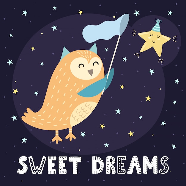 星をキャッチするかわいいフクロウの甘い夢カード おやすみイラスト プレミアムベクター