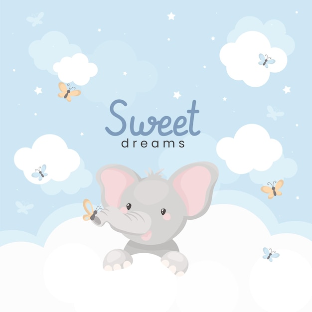 雲の上のかわいい象と甘い夢のイラスト 無料のベクター