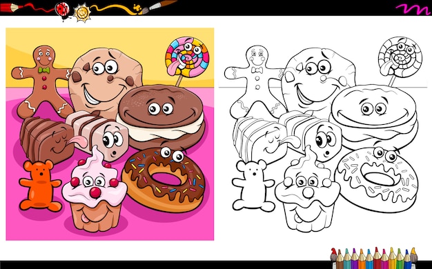 甘い食べ物のキャラクターの塗り絵 プレミアムベクター