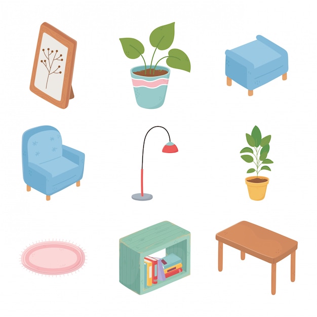 Premium Vector | Sweet home sofa potted plant table chair frame icons