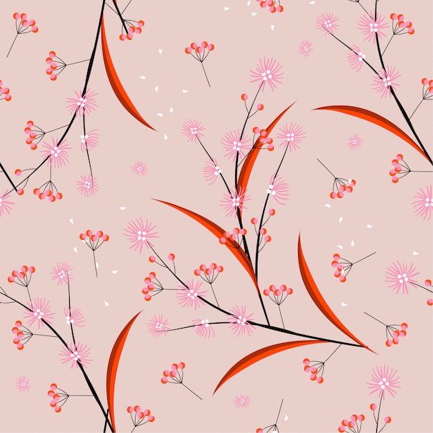 Sweet mood and tone minimal line and geometric flowers blowing in the wind seamless pattern in vector design for fashion, fabric, web, wallpaper, and all prints Premium Vector