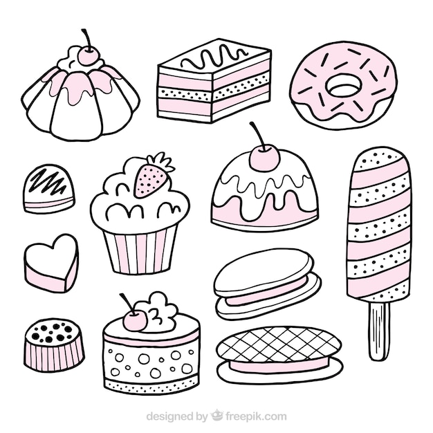 Sweets desserts collection in hand drawn
style