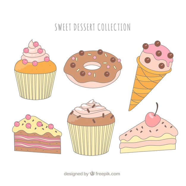 Sweets desserts collection in hand drawn\
style
