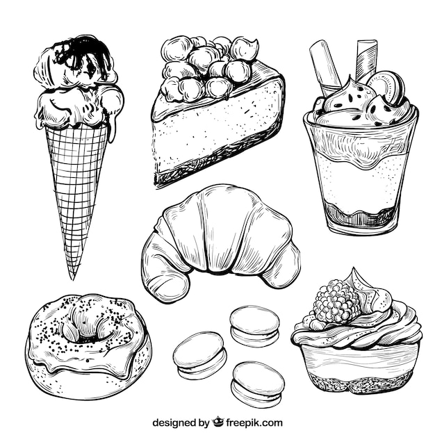 Sweets desserts collection in hand drawn
style