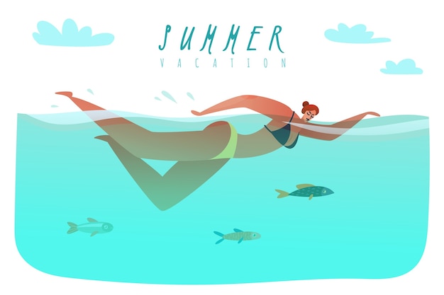 スイマービーチ夏のイラスト 魚の間で女性が海を泳ぐ プレミアムベクター