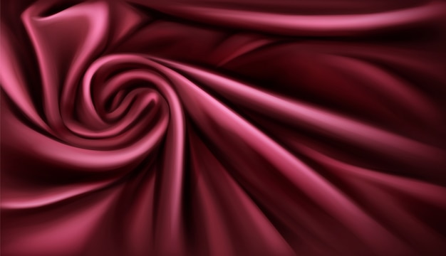Swirl fabric silk backdrop, luxurious vinous drapery folded textile with soft spiral vortex satin waves Free Vector