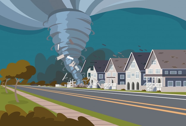 Swirling tornado in village destroy houses | Premium Vector