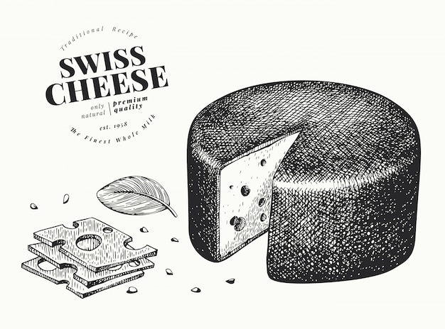 プレミアムベクター スイスチーズのイラスト 手描きの乳製品のイラスト 刻まれたスタイルのエメンタルヘッド ビンテージフードイラスト