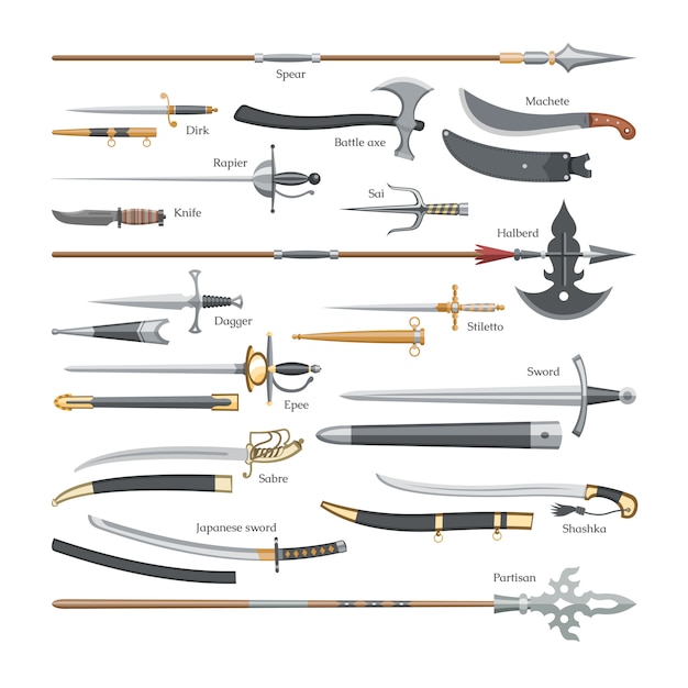 Premium Vector Sword Medieval Weapon Of Knight With Sharp Blade And Pirates Knife Illustration Broadsword Set Of Battle Axe Or Knifepoint And Spear On White Background