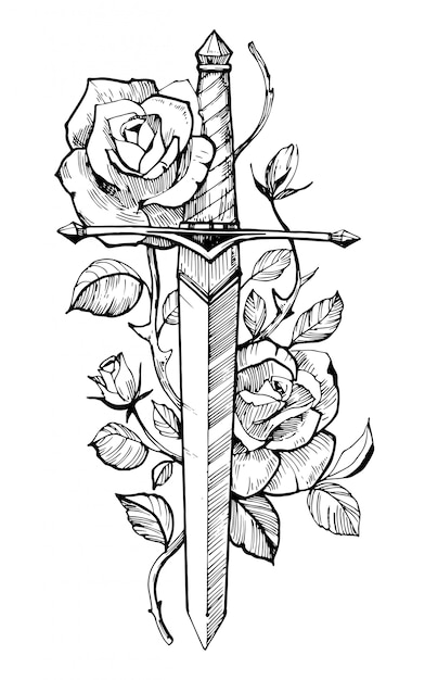 バラの剣 タトゥースケッチ 手描きイラスト 白い背景に分離します プレミアムベクター