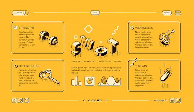 Swot analysis business illustration in isometric thin line design on yellow halftone Free Vector